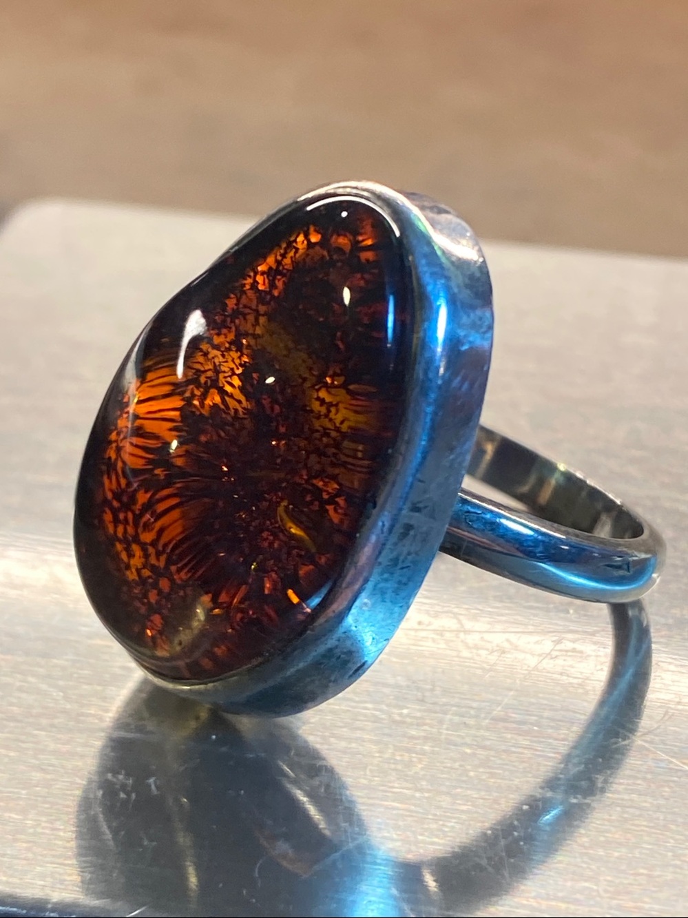 Sterling Silver 925 Amber Statement Ring Size 8.75 Cognac Cherry Amber